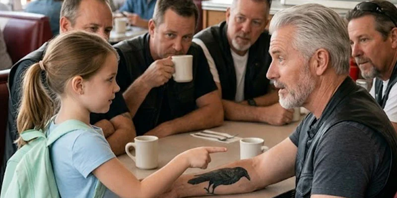 A Little Girl Walked Into A Small-Town Diner, Pointed At A Stranger’s Raven Tattoo And Whispered, “My Dad Said You Would Remember Him”… Within Hours, A Promise Made Years Earlier Changed Her Family’s Future Forever